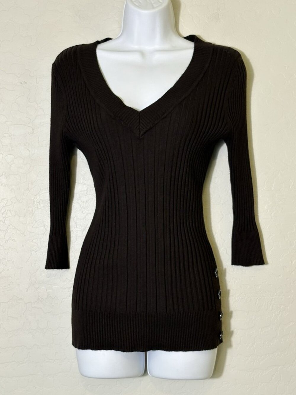 Vintage 90’s 00’s True Y2K Brown Fitted Ribbed V-Neck Henley Women’s L Grunge